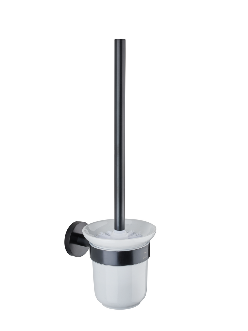 Stiklinis indas su šepečiu, juodos spalvos laikikliai