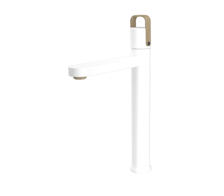 XL Nordic dizaino baltos spalvos praustuvo maišytuvas su Amazonės ąžuolo apdaila